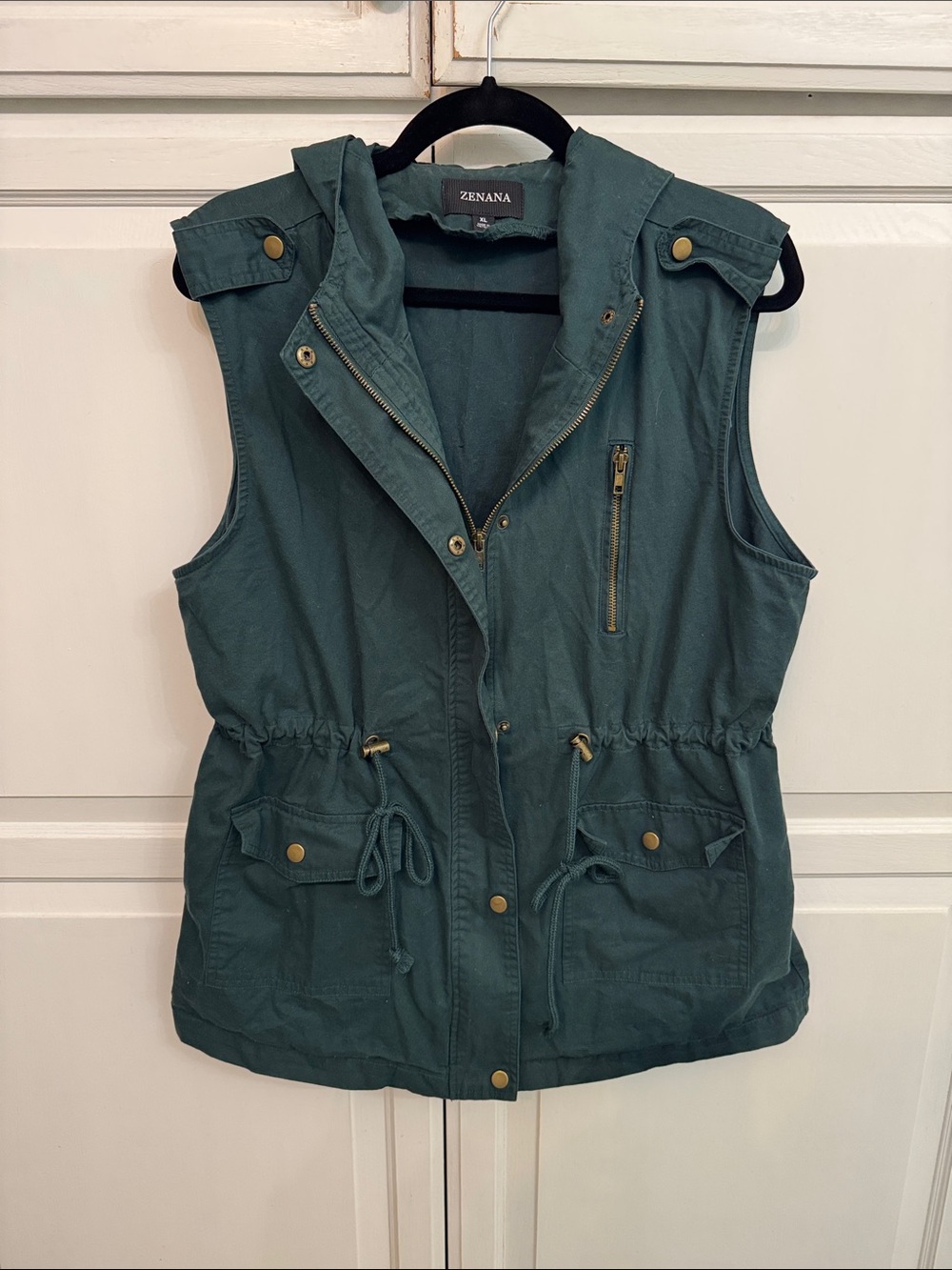 Zenana Drawstring Waist Military Hooded Vest in Teal Green Gorpcore size XL